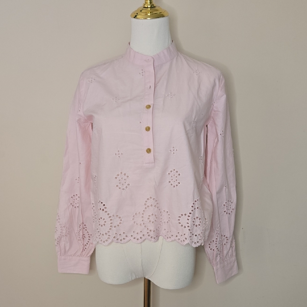 Ann Taylor Petal Pink Eyelet Poplin Top‎ Scalloped Hem 100% Cotton Feminine Chic